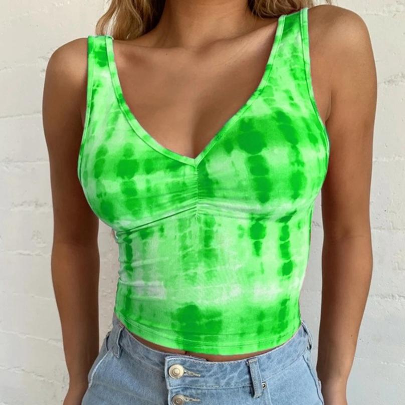 Women Summer Deep V-neck Sleeveless Tie Dye Printing Plus Size Casual Tank Top