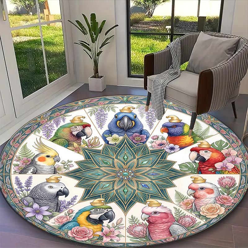 

1pc Colorful Tropical Parrots Red Cardinals Bird Printed Chair Rug for Home Office Use, Living Room Kitchen Game Room Round Carpet Diameter 60cm