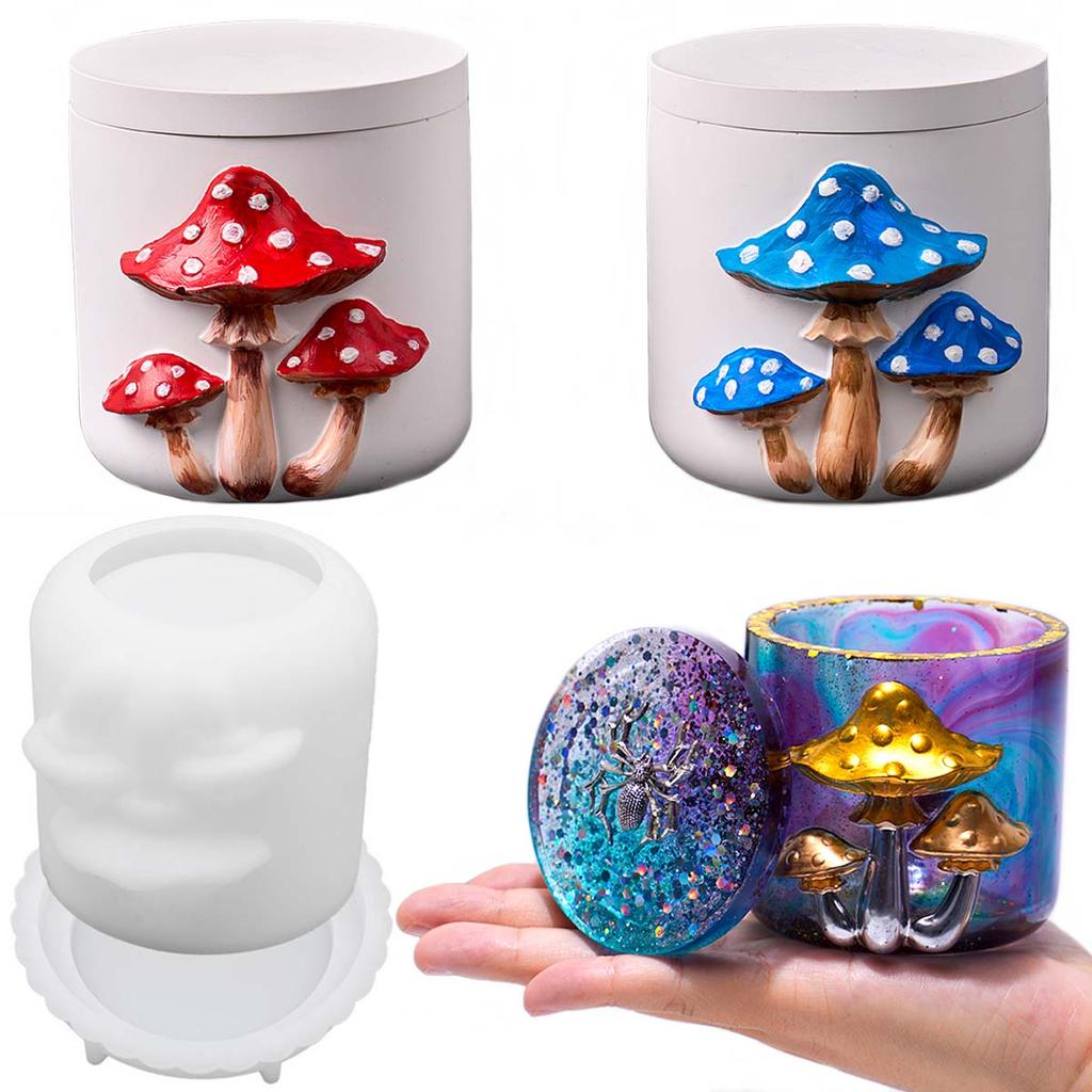 3D Relief Mushroom Candle Jar Silicone Mold DIY Cylindrical Jewelry Storage Box Making Kit Plaster Reisn Vase Molds Home Decor