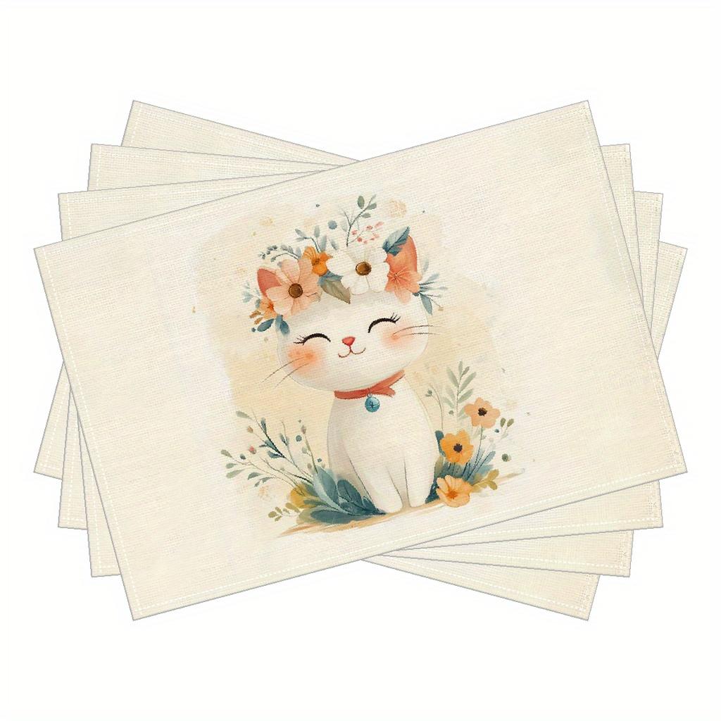 Watercolor Floral Cat Placemats Set Cute Kitten with Flower Crown Table Mats for Home Kitchen Dining Decor 4PCS