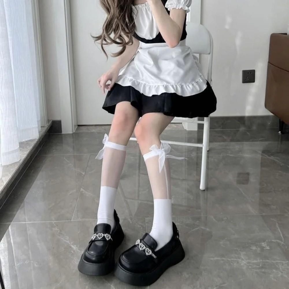Transparent Calf Socks Bowknot Mid Tube Socks Sweet JK Knee Sock  Girls Slim Stockings