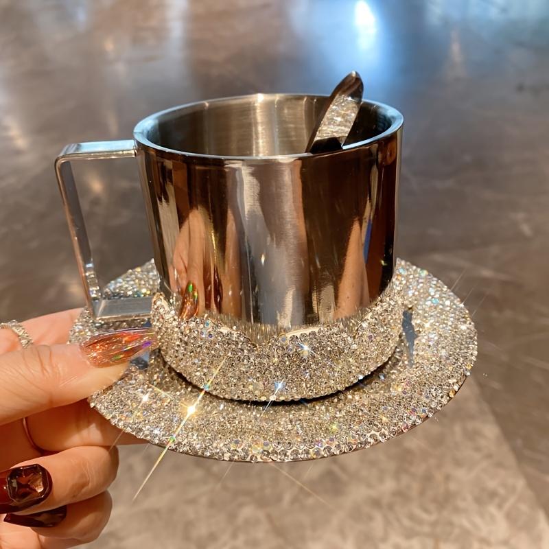 

Rhinestone Coffee Cup Set with Saucers Shimmering Stainless Steel Insulated Mugs Dessert Plates for Americano Latte Cafe Gift серебряный