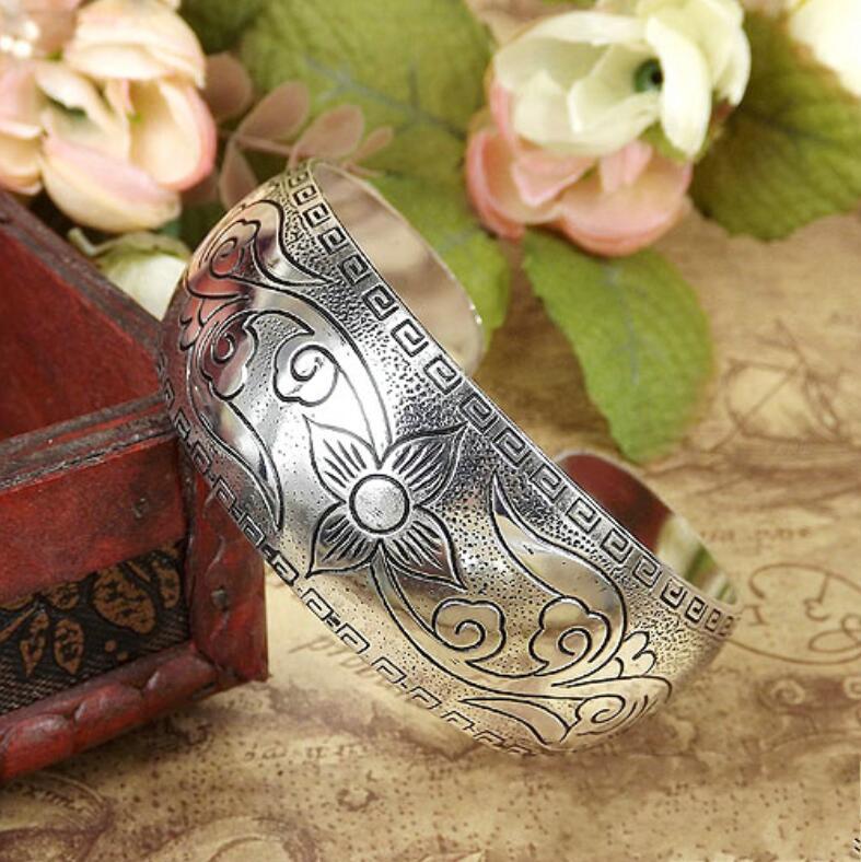 Ancient Silver Tibetan Decoration Engraved Opening Bracelet, Ethnic Style Retro Wide Bracelet, Bracelet