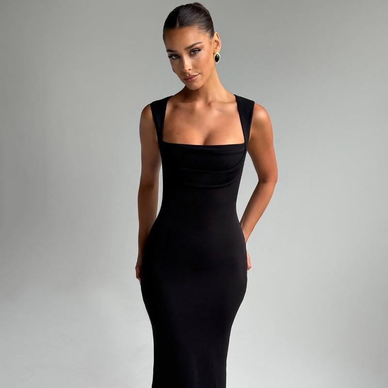 Women Elegant Slim Fit Square Neck Sleeveless Waist Cinched Solid Long Dress