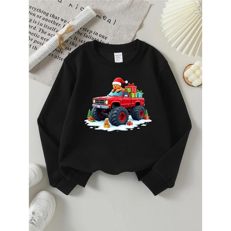 European sizes Crewneck Sweatshirt with Christmas Truck, Gingerbread Man, Gifts for Girls, Long-Sleeved Autumn Winter Top, Trendy for Young Girls.