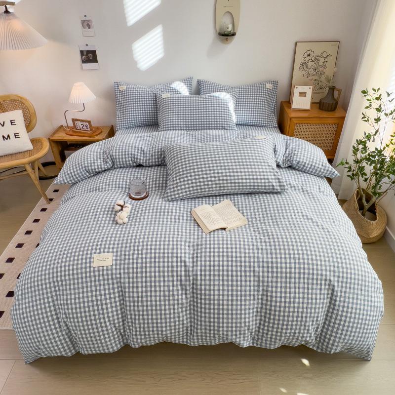 Muji-Inspired Plaid Water-Washed Cotton Duvet Cover Set - Minimalist Brushed Four-Piece Bedding Set