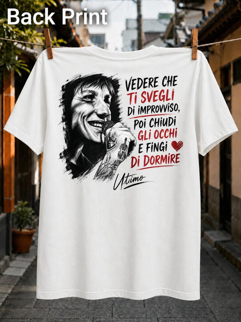 Ultimo Singer Lyric With Grayscale Microphone Portrait Tattooed Hand Red Italian Lyric Text And Unisex All TShirt