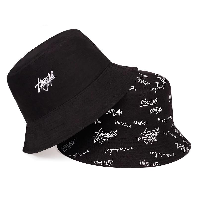 Unisex Double-Sided Reversible Letter Embroidery Printing Personality Bucket Hat Fishermen Caps Outdoor Casual Cap Sunscreen Hat