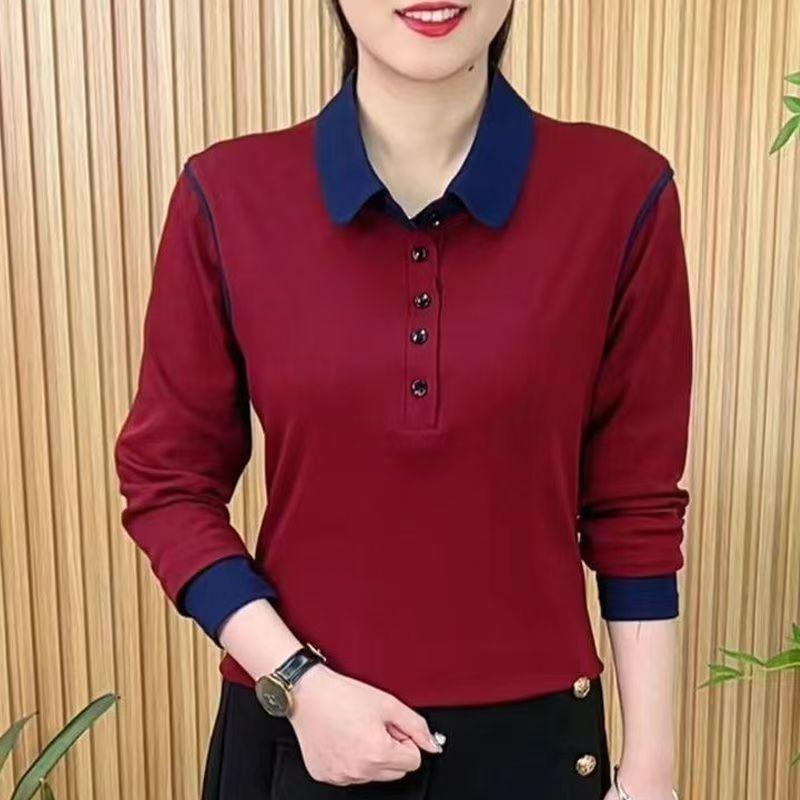 Podzimní tričko se stojáčkem a dlouhým rukávem, módní a všestranné, elegantní a mladistvé, vícebarevně sladěný dámský top