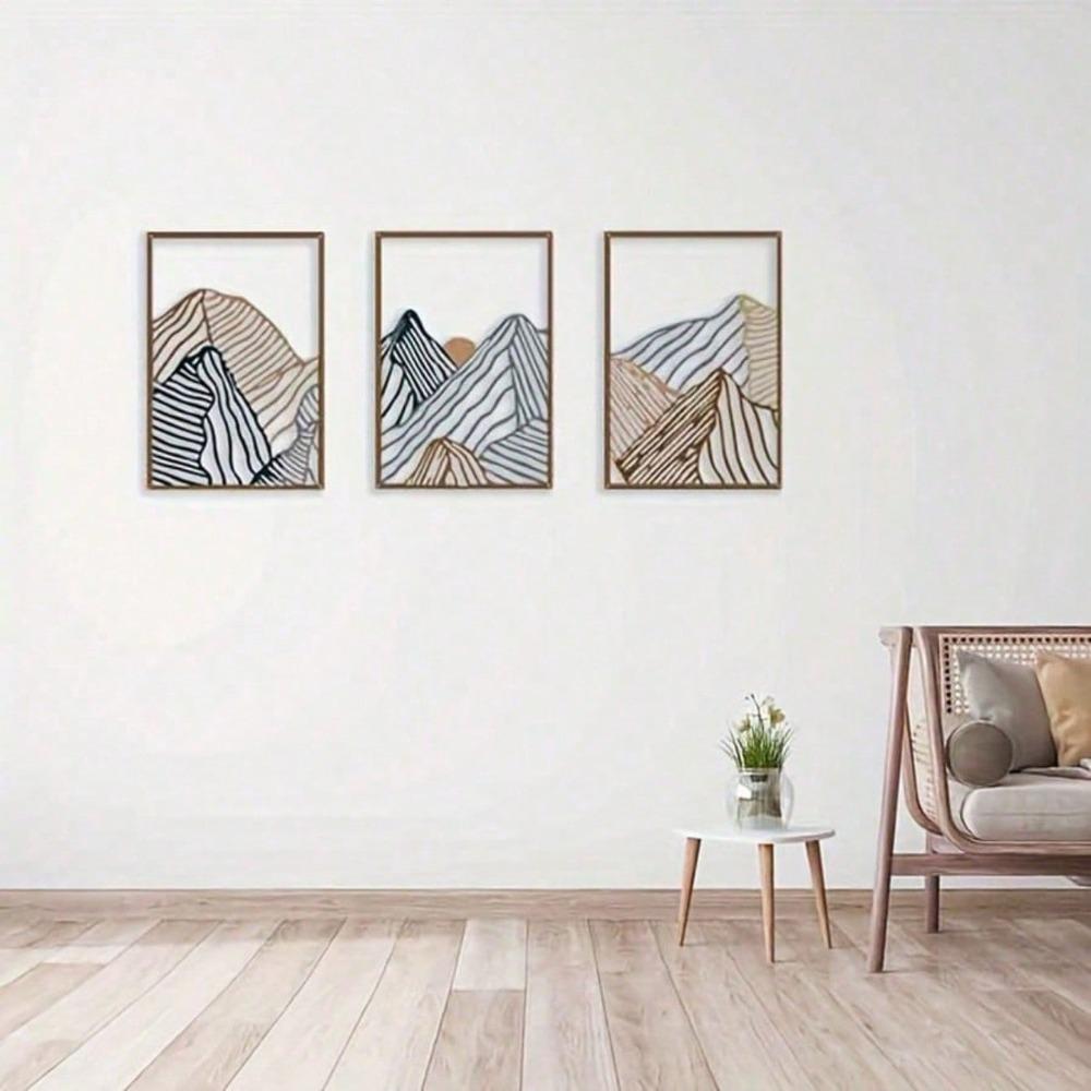 3Pcs Iron Mountain Wall Art, Minimalist Line Design Paintings for Living Room Bedroom Office, Modern Metal Decor, Easy To Hang, Unique Gift