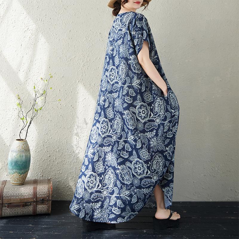 Kurzarm Plus Size Baumwolle Vintage Blumenmuster Neu in Kleidern für Damen lässig locker langes Sommerkleid