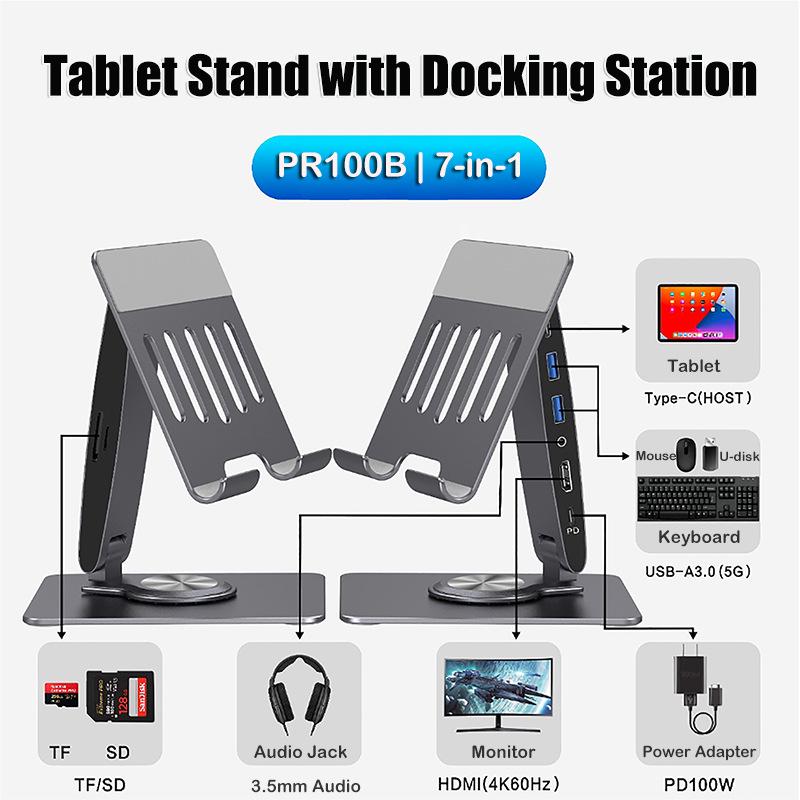 

Rotating & Folding Tablet Dock with HDMI, Screen Mirroring, USB 3.0 Splitter & Converter