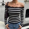 Damen Mode Lässig Frühling Herbst Streifenprint Langarm Ein Schulter Blusen & Hemden
