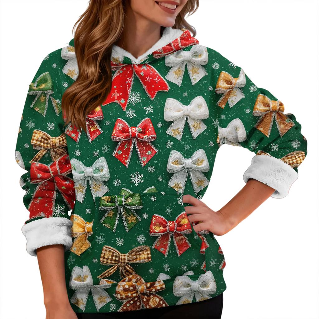 Women's Fashionable Casual Long-Sleeved Christmas Print Fleece-Lined Thick Hooded Sweatshirt
