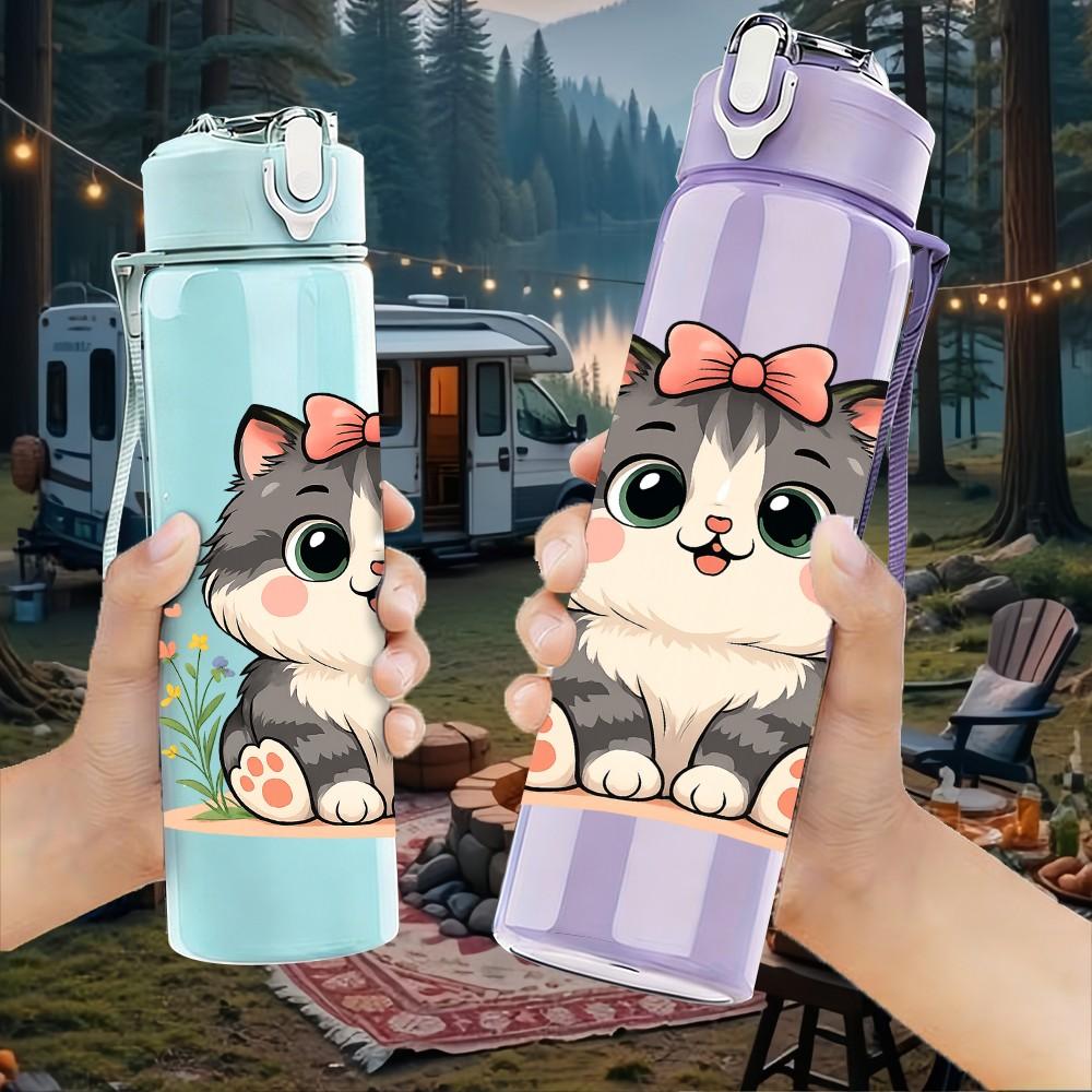 1PC Grey Kitten With Bow 750ml Color Plastic Sports Water Bottle Leakproof Flip Straw Lid Suitable for Sports Office Home Use