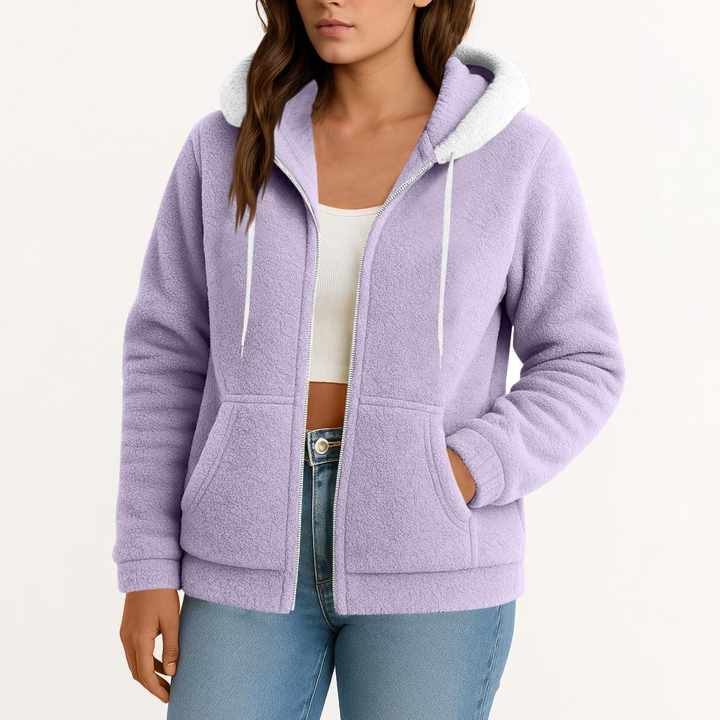 Women's  Fuzzy Fleece Jacket Hooded Color Block Patchwork Lady Cardigan Coat Outerwear With Pockets And Cat Ears