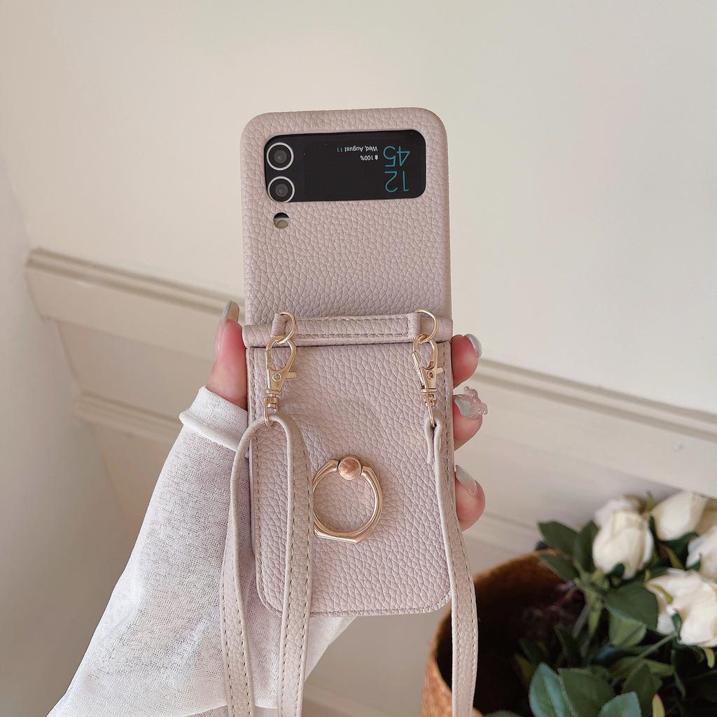 Applicable To Samsung ZFlip4 Folding Messenger Lychee Pattern Zflip3 Ring Mirror Card Bag Long Lanyard Protective Cover