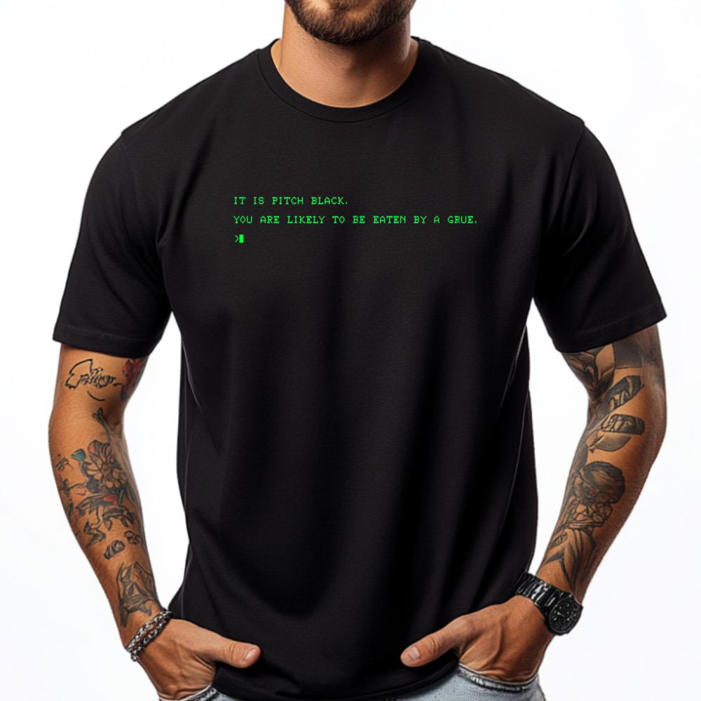 Funny 80 Grue It Is Pitch Black Computer Nerd Black Shirt Graphic Tees Man Clothes Family