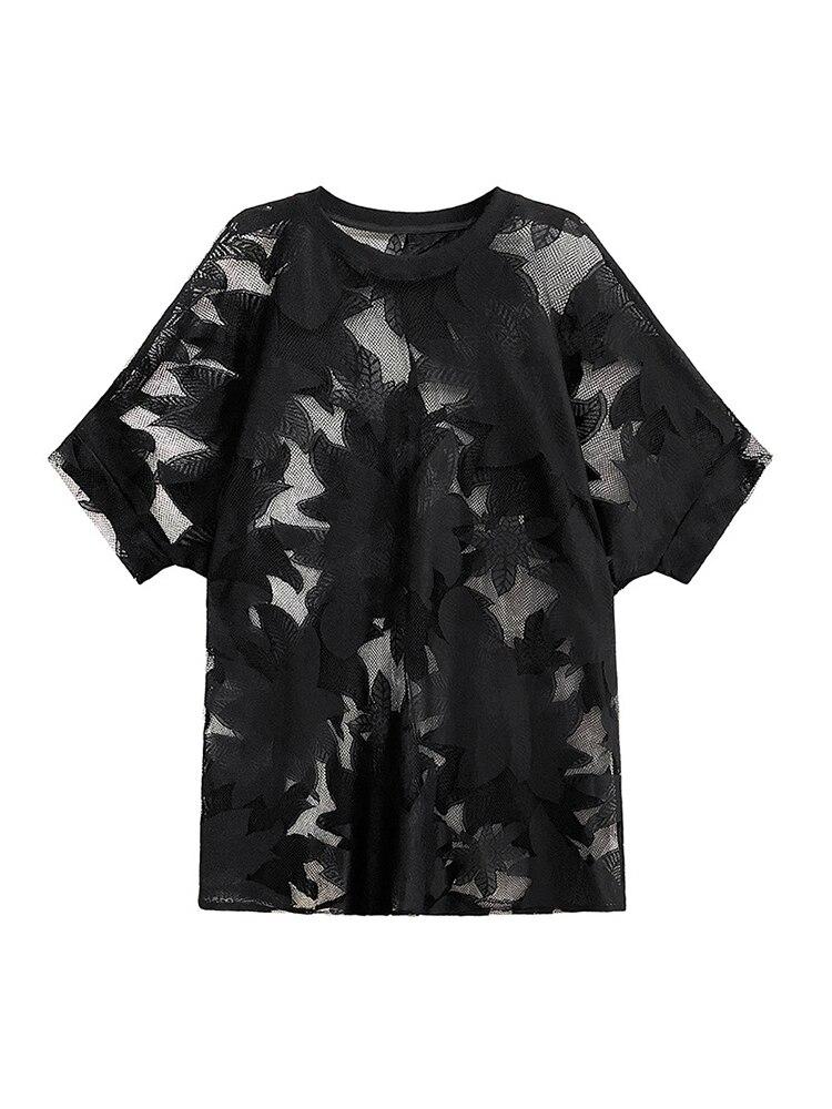 Xitao Camiseta preta oca com renda solta moda feminina top WMD7032