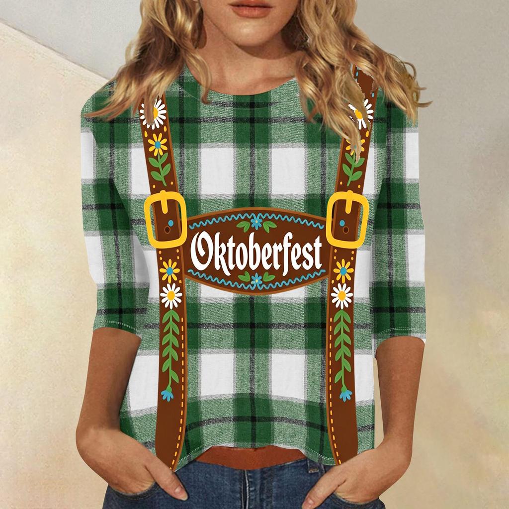 Damen Casual Oberteil mit Dreiviertelärm, Oktoberfest-Print, Rundhalsausschnitt, Leicht, Bequeme Passform für Saisonale Veranstaltungen und den Alltag
