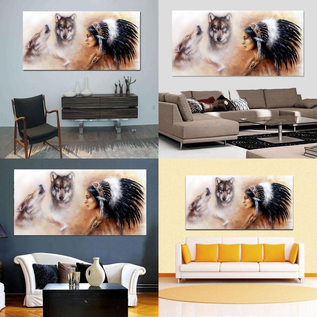 Indian Girl Wolf Wall Sticker Unique 3d Canvas Material For Decoration