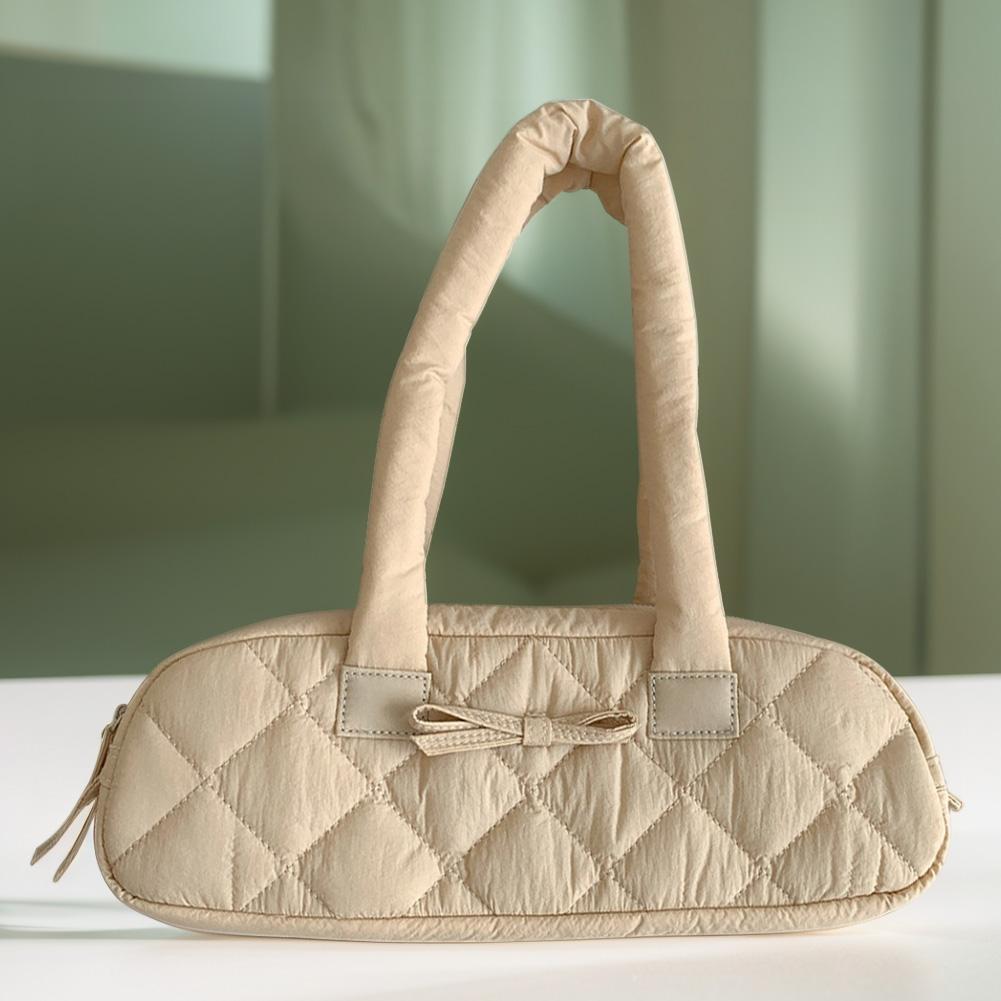 

Женская стеганая нейлоновая сумка-багет с бантом, сумка-хобо с внутренними карманами, сумка-пуховик для покупок, работы, путешествий абрикосовый