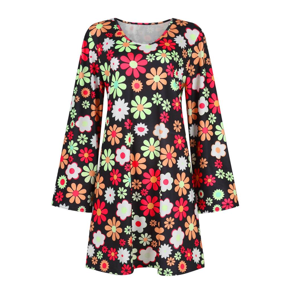 Women's V-Neck Long Sleeved Dress With Casual Floral Print Flared Sleeve Skirt