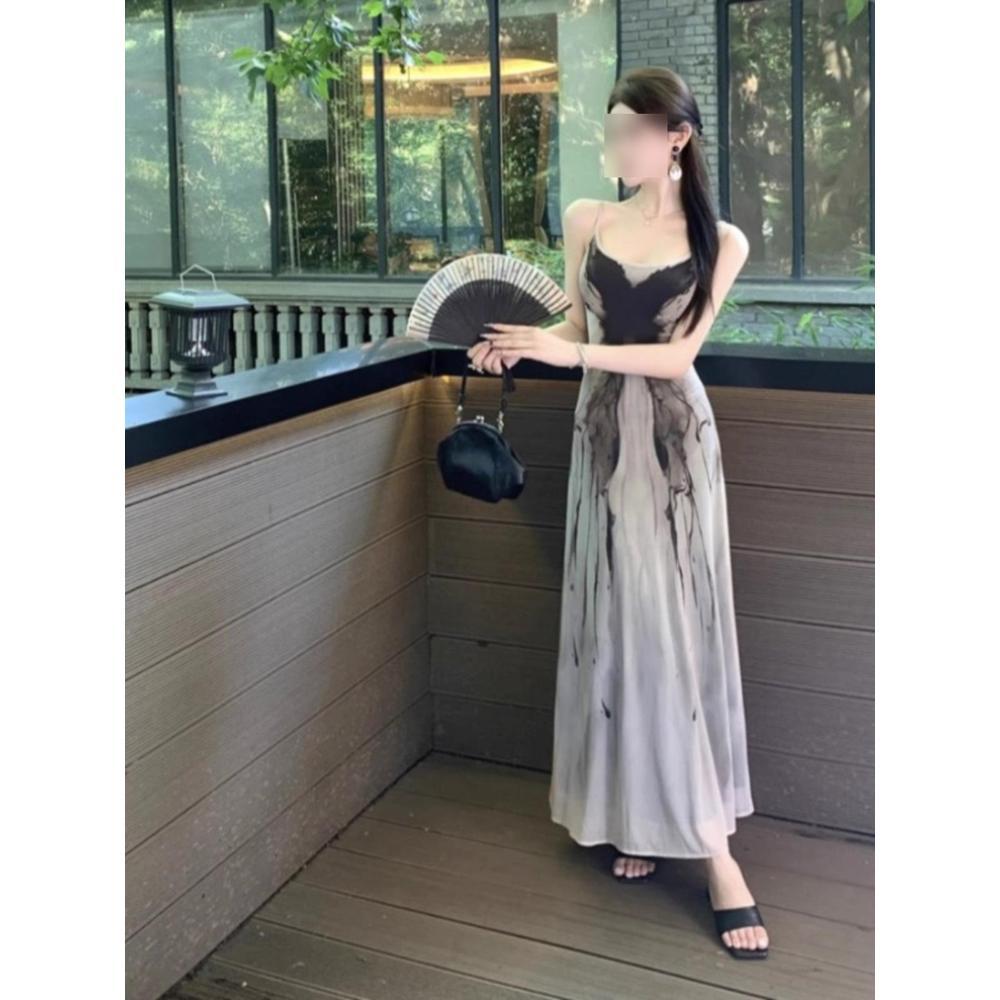 Ink printing suspender dress, beautiful and unique temperament skirt for women in summer