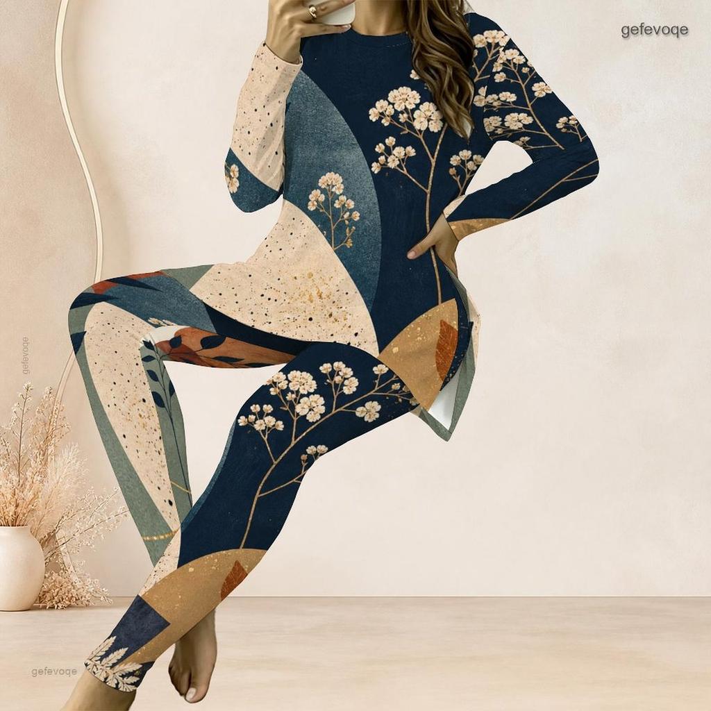 Women Plus Size Printed Two Piece Set Round Neck Long Sleeve Longline Top Fitted Pants Blue Beige