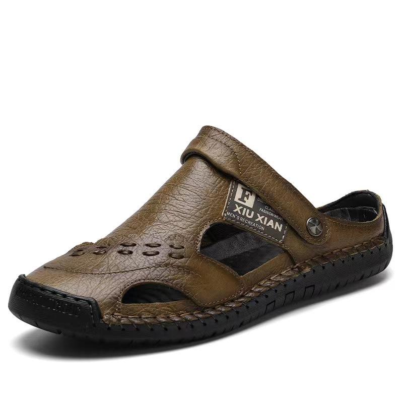 Men's Genuine Leather Cross-Border Baotou Sandals: Non-Slip Soft-Soled Shoes, Dual-Purpose Outdoor & Casual Beach Wear.