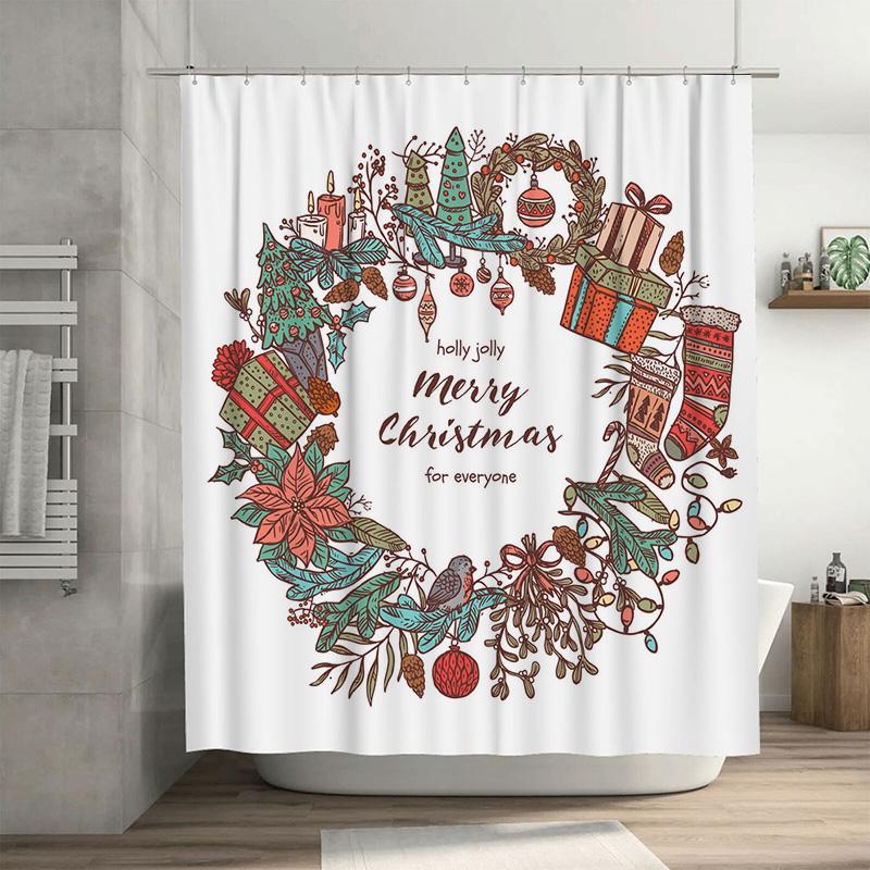 

Tu Merry Christmas Shower Curtain Festive Holiday Decor Botanical Floral Pattern Farmhouse Rustic Home Bathroom Upgrade W60H190(CM)-1 Pcs