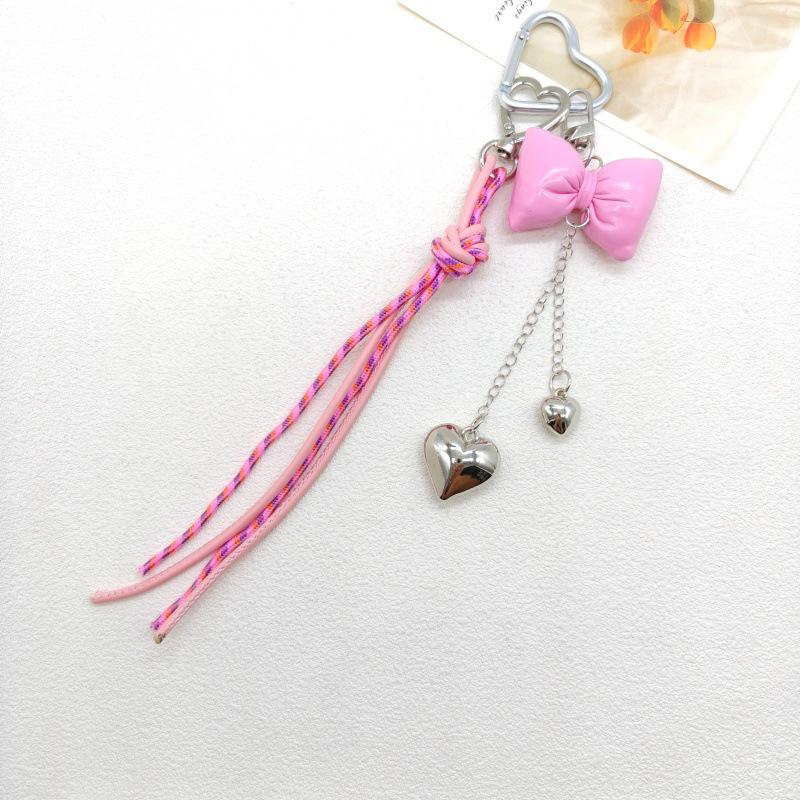 New Leather Heart Pendant Bag Keychain with Braided Rope and Bow Design
