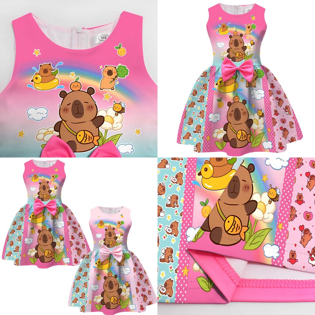 Vestito Ragazza Capibara con Fiocco a Farfalla per Festa Primavera Autunno Bambini