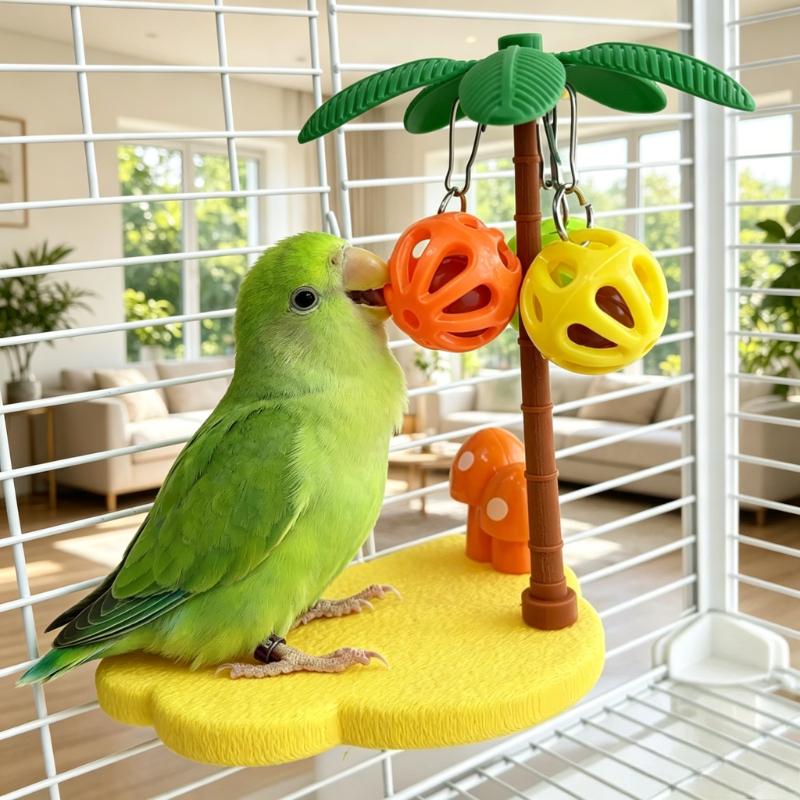 Tropical Palm Tree Bird Perch Platform Interactive Molar Toy Bell Ball For Budgie Cockatiel Pet Cage Boredom Relief Enrichment