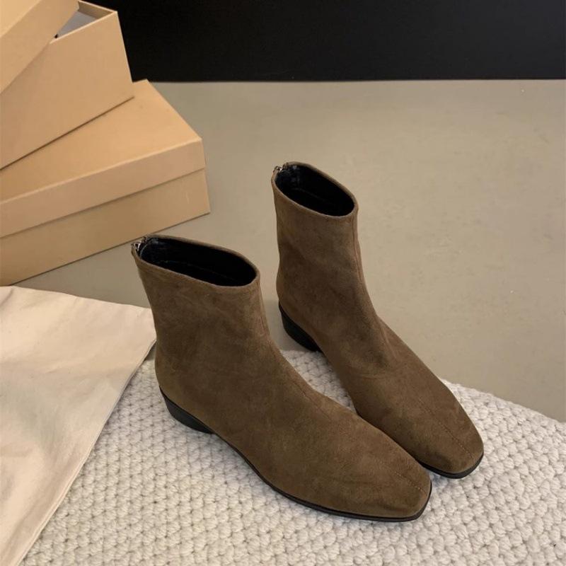 Small Man Increases Height and Looks Thin French Square Head Retro Brown Suede Thick Heel Short Boots Zipper Flat Bottom Martin Boots Women