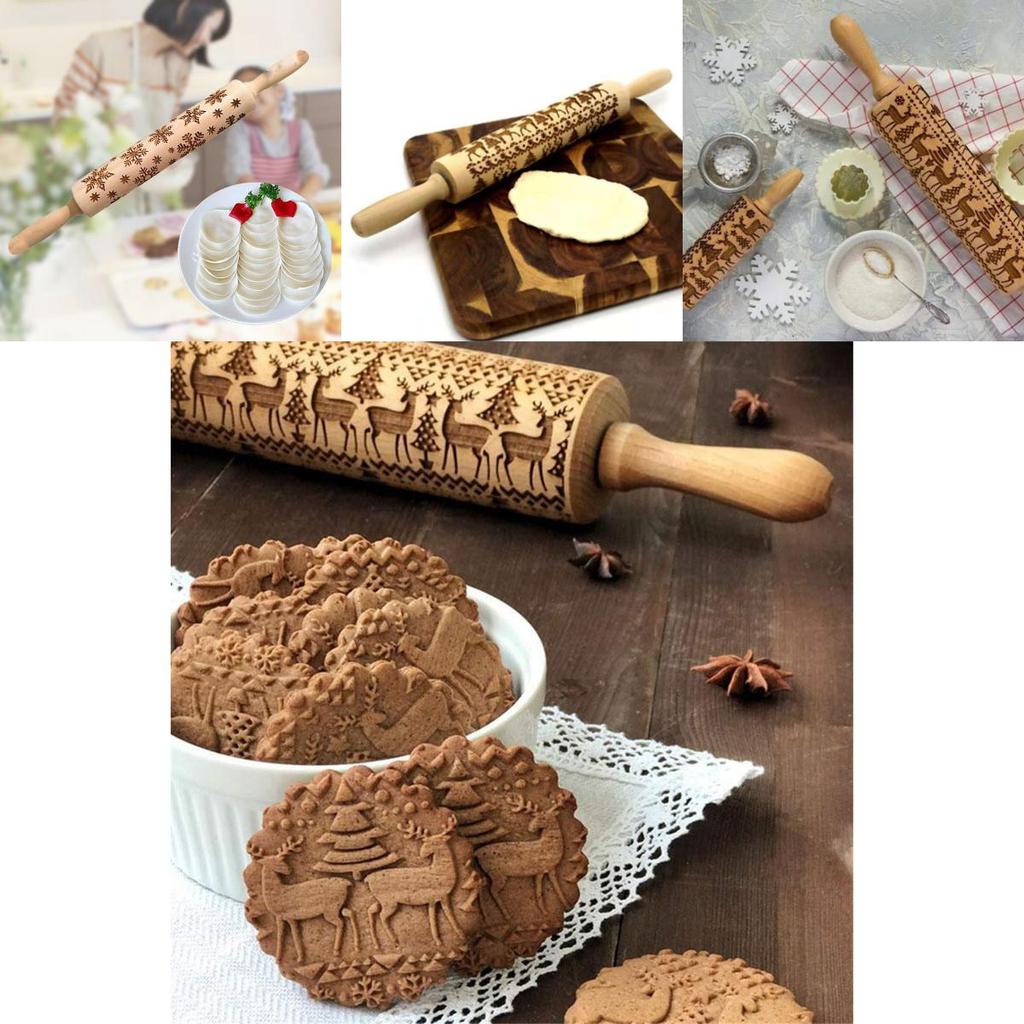 Elegantní dřevěný embosovací váleček s motivy sobů a sněhových vloček