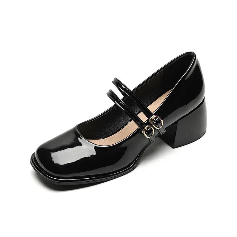 Fashion Large Size 34-43 Mary Jane Shoes Women Block Heel Patent Leather Black Shoes