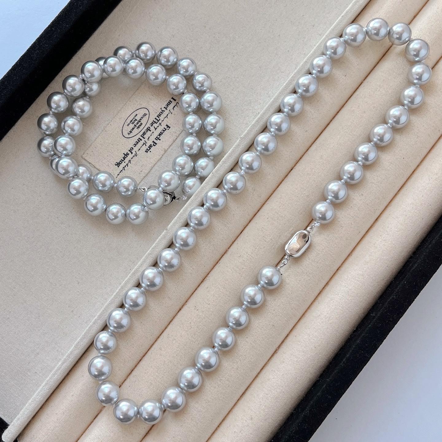 8Mm High Gloss High Quality Platinum Grey Faux Crystal Pearl Necklace Clavicle Chain