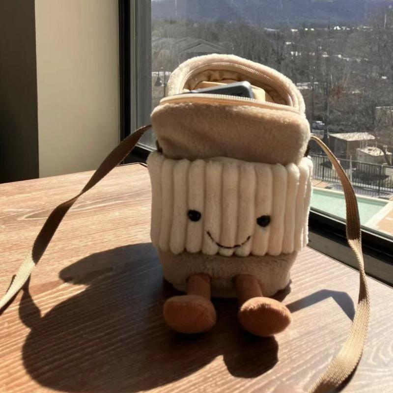 Cute Cartoon Soft Plush Crossbody Bag Cartoon Cup Sleeves, Coffee Water Cup Bag Cartoon Milk Tea Bag