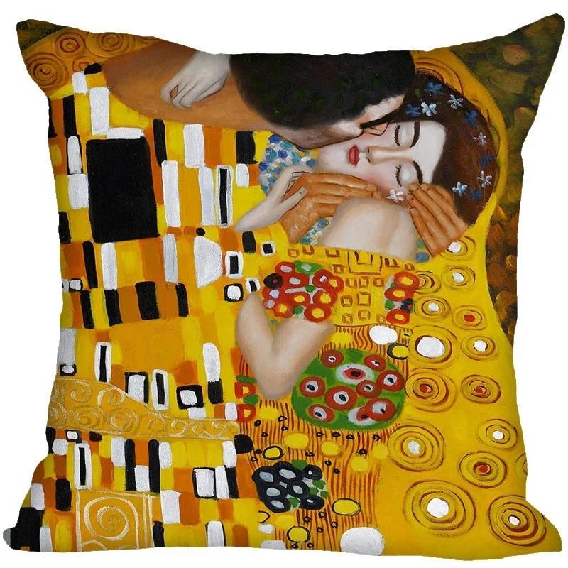 Gustav Klimt Oil Painting Printed Polyester Decorative Pillowcase Home Sofa Square Pillowcover Cushion Cover 45X45Cm