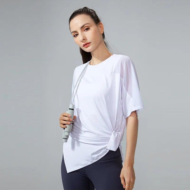 O Neck Short Sleeve Running Quick Drying Fitness Blouse Women Summer Side Cracking Sports T-shirt Mesh Loose Yoga Tops 30662