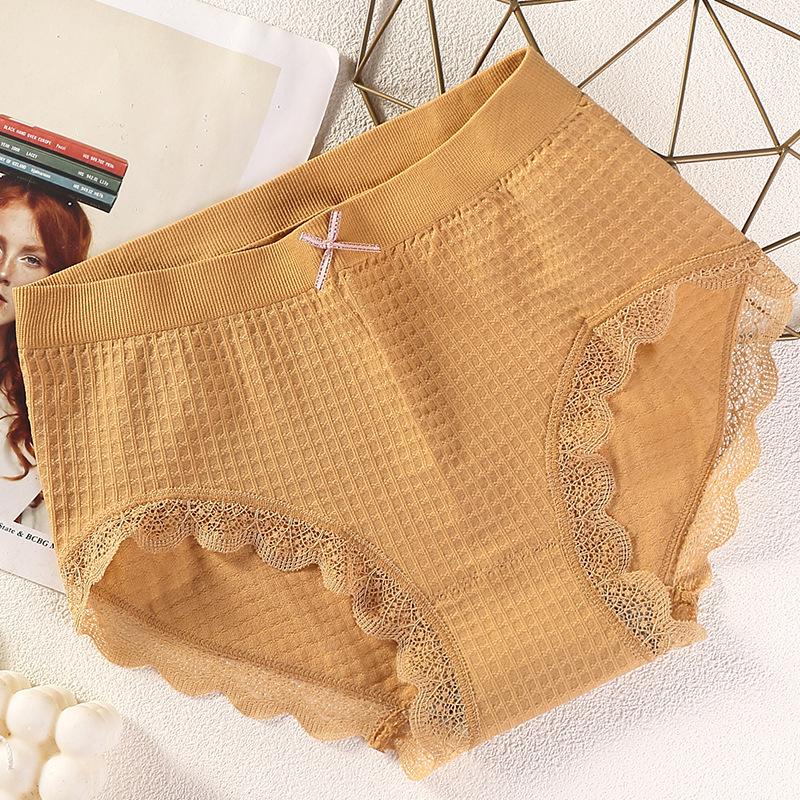 Women's Plaid Lace Edge Seamless Waffle Underwear with Graphene Crotch and Bowknot