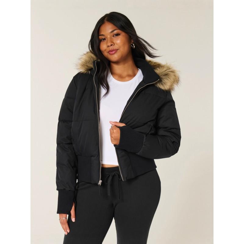 Womens Hooded Zip Cotton Jacket With Faux Fur Trim Street Style Solid Color Casual Winter Coat