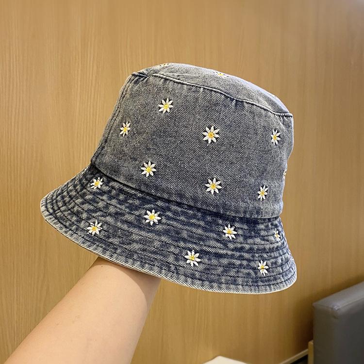 Spring and Summer Hat Women's Foldable Embroidered Flower Denim Bucket Hat Women's Trendy Retro Old Versatile Washbasin Hat