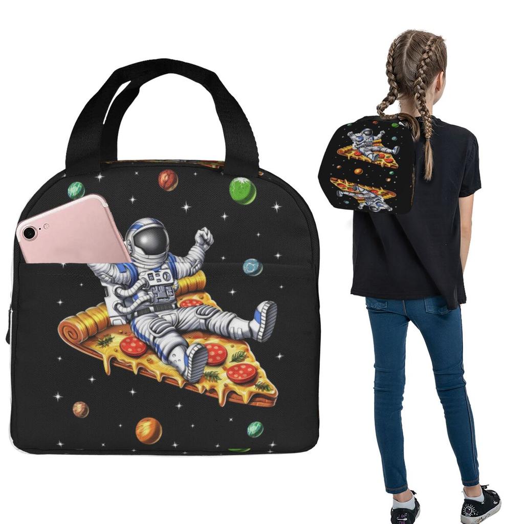 Astronaut With Pizza In Space Cartoon Insulated Lunch Bag for Women Kids Leakproof Food Boxes Thermal Lunch Box Tote