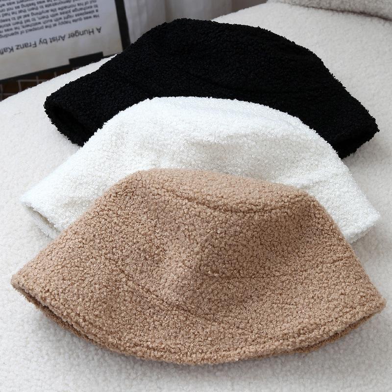 Solid color lamb wool bucket hat women's autumn and winter new simple warm and cold versatile wide brim casual ear protection bucket hat