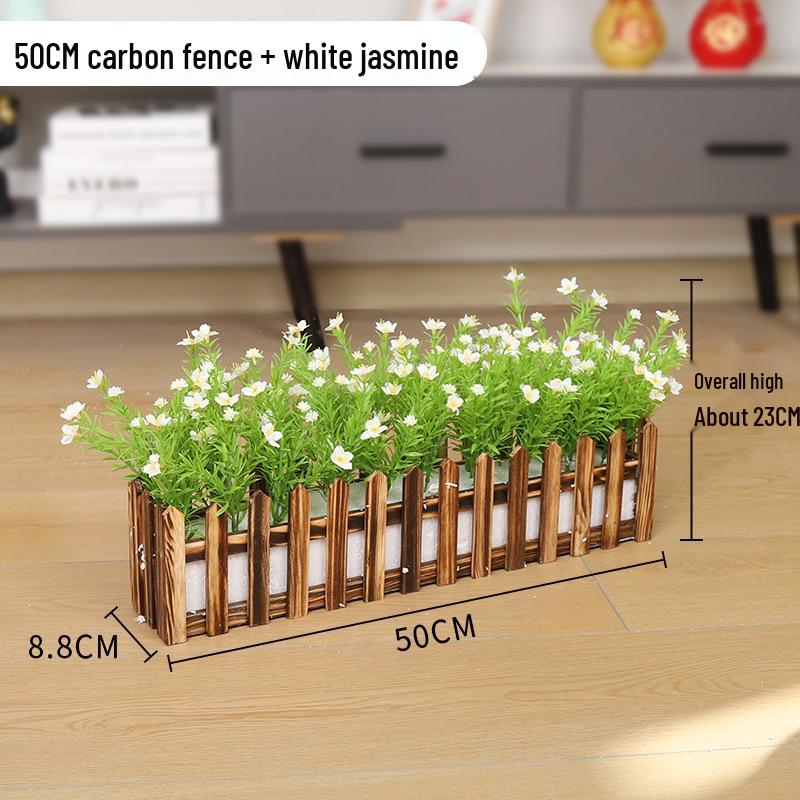 Silk Flower Pot with Wood Fence: Decorative Bonsai for Living Room or Office.