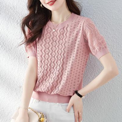 Kadın Oyuklu Buz İpek Örgü Gömlek Yaz Kadın Tişört Bol Yuvarlak Yaka Mizaç Üst