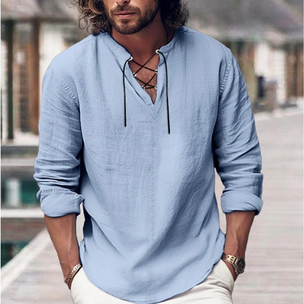 Camicia da uomo Camicia in lino Camicia estiva Abbigliamento da spiaggia Manica lunga Liscia Scollo a V Primavera-Estate Casual Usura quotidiana