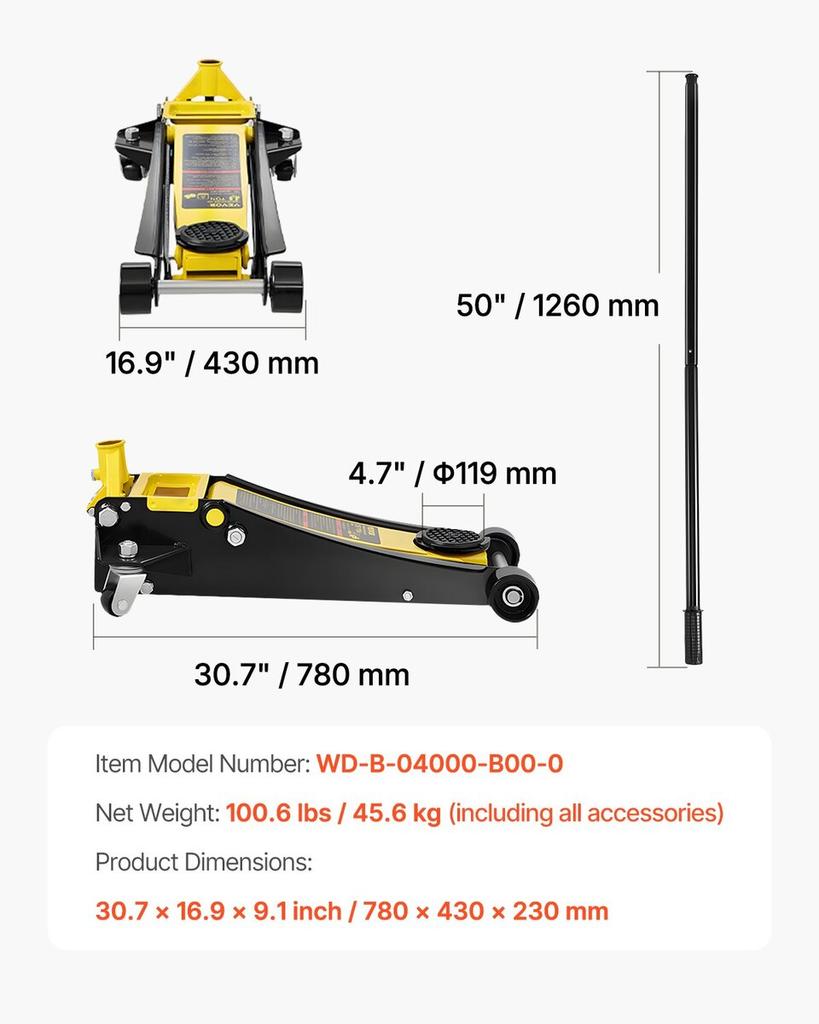 Low Profile Floor Jack 4 Ton Heavy Duty Steel Dual Piston Rapid Pump